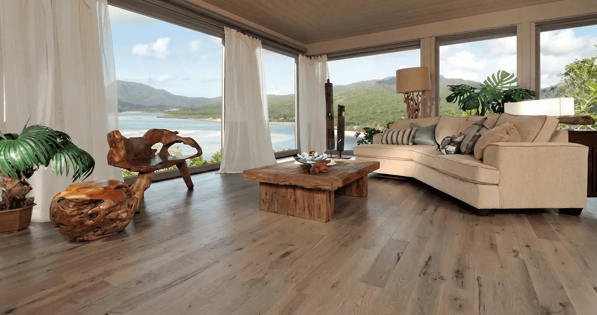 Professionally installed vinyl flooring in a modern living room with large windows in Irvine, CA
